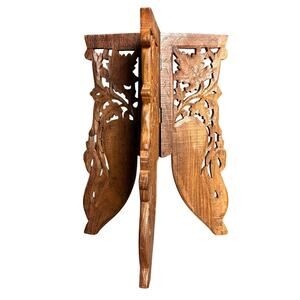 Vintage carved wood plant stand 3 leg 14” peacock folding hinged teak boho